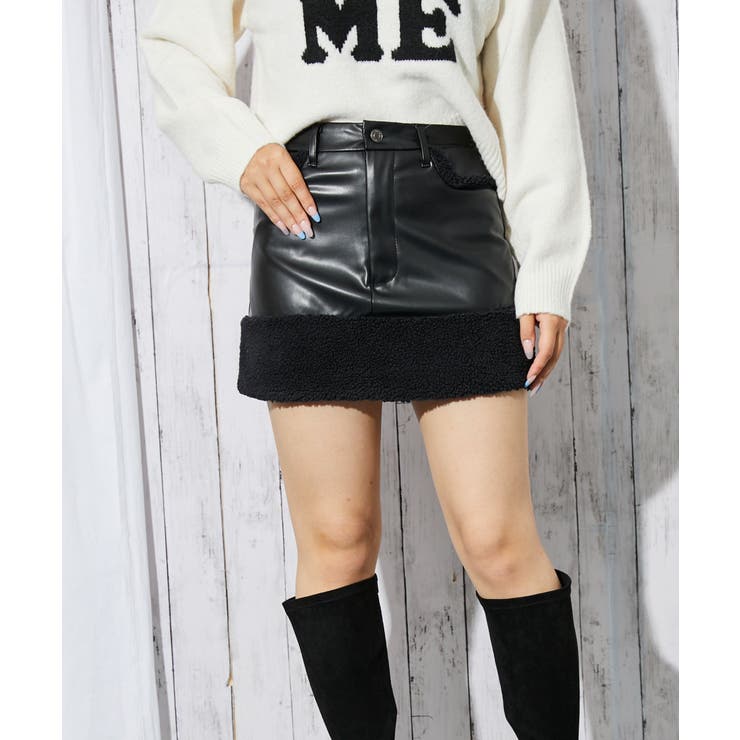 《ボア切替×フェイクレザー》レディース ミニスカート ウエストゴム 合皮 秋冬 | GORGE  | 詳細画像2 