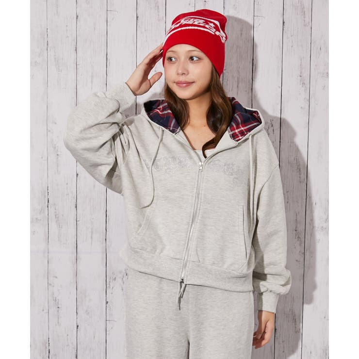 オートミール | 《裏地柄フード×キラキラロゴ》ショート丈ジップパーカー | GORGE 