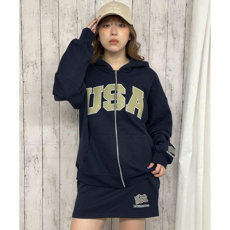 USAロゴ×星条旗袖刺繍》裏毛ZIPパーカー／秋冬春 セットアップ可