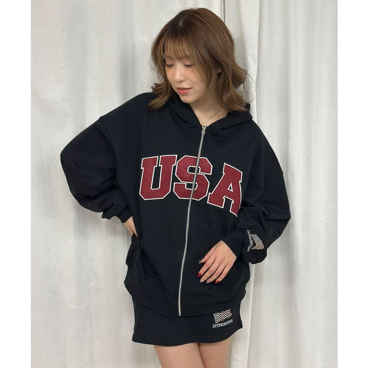 USAロゴ×星条旗袖刺繍》裏毛ZIPパーカー／秋冬春 セットアップ可