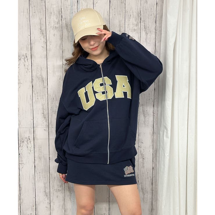 USAロゴ×星条旗袖刺繍》裏毛ZIPパーカー／秋冬春 セットアップ可