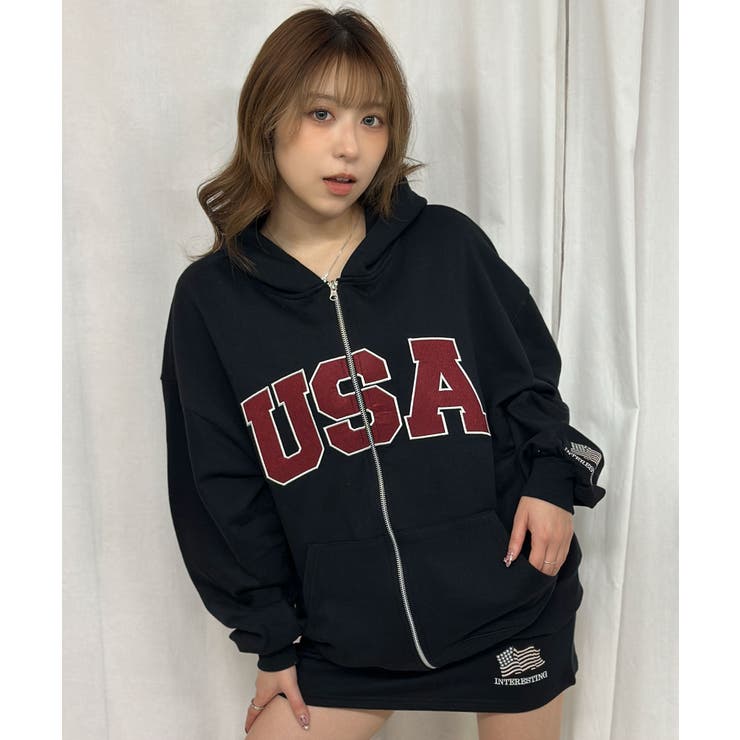 ブラック | 《ＵＳＡロゴ×星条旗袖刺繍》裏毛ＺＩＰパーカー／秋冬春 セットアップ可 | GORGE 