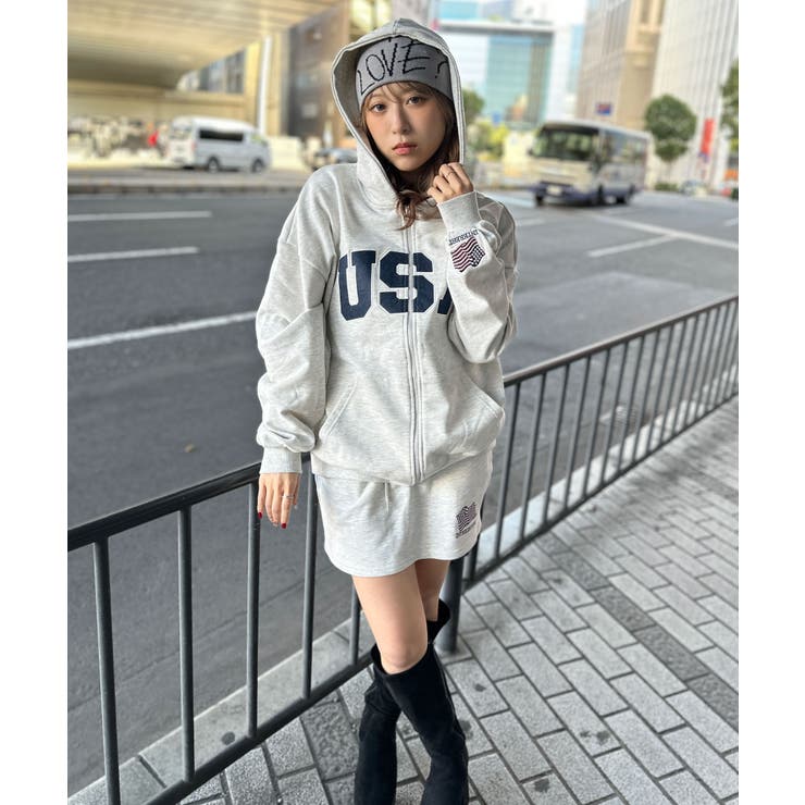USAロゴ×星条旗袖刺繍》裏毛ZIPパーカー／秋冬春 セットアップ可