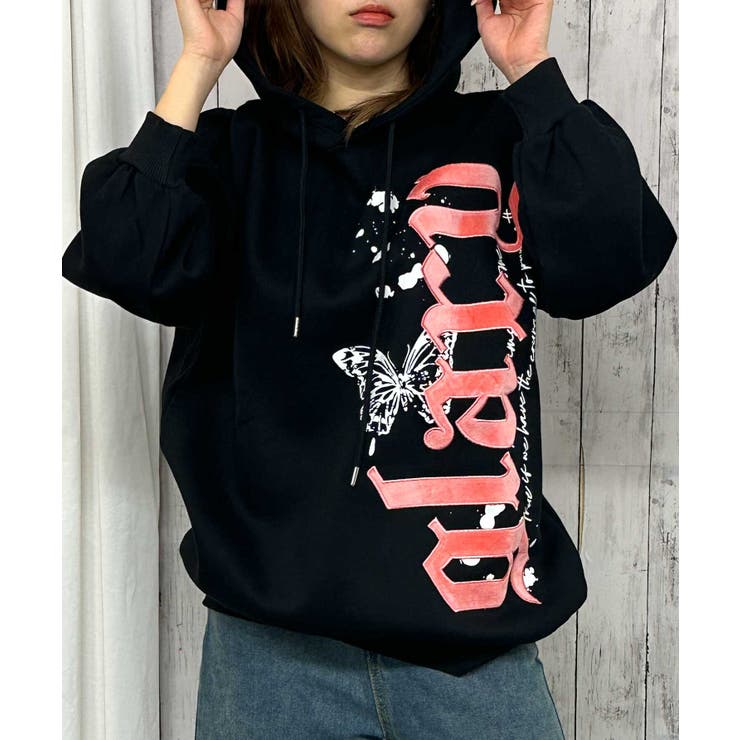 ベロアロゴ×バタフライ》レディース 裏起毛 パーカー[品番