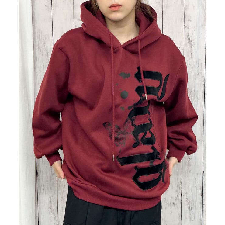 ベロアロゴ×バタフライ》レディース 裏起毛 パーカー[品番