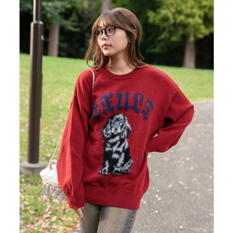 レッド | 《ＢＩＧ ＤＯＧジャカード》レディース ニットプルオーバー 主役デザイン 秋冬 | GORGE 