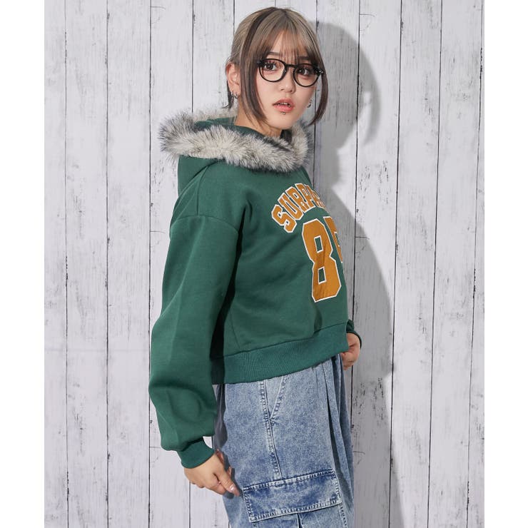 《ファーフード×ツイル貼付けロゴ》ショート丈裏起毛パーカー 秋冬◎ | GORGE  | 詳細画像10 