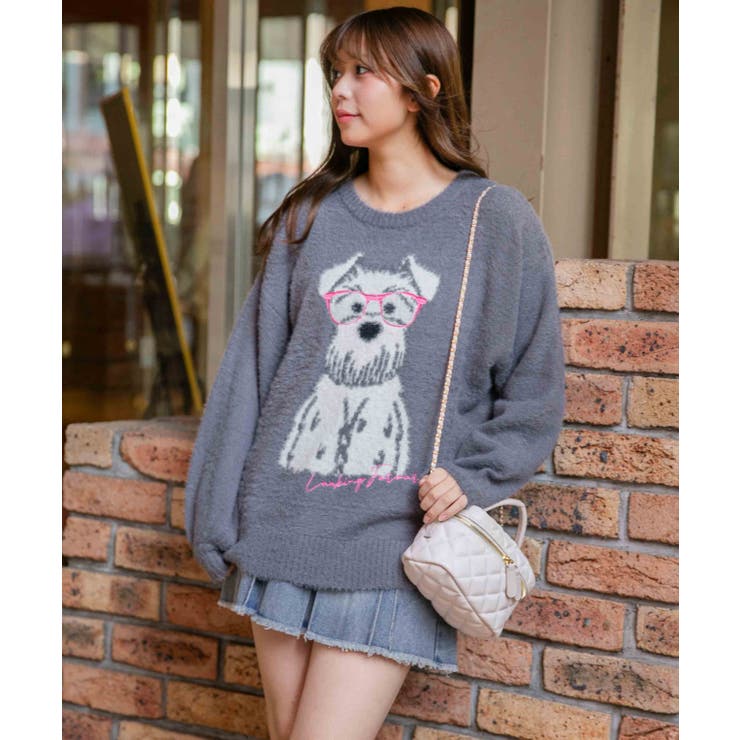 チャコール | 《ふわモコ質感×メガネわんこ柄》大人可愛い遊び心ニット シュナウザー | GORGE 