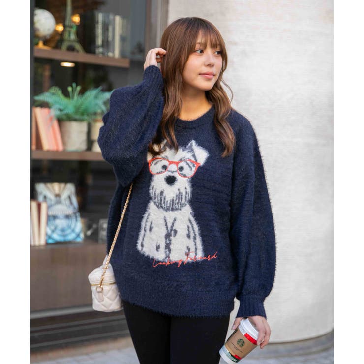 ネイビー | 《ふわモコ質感×メガネわんこ柄》大人可愛い遊び心ニット シュナウザー | GORGE 