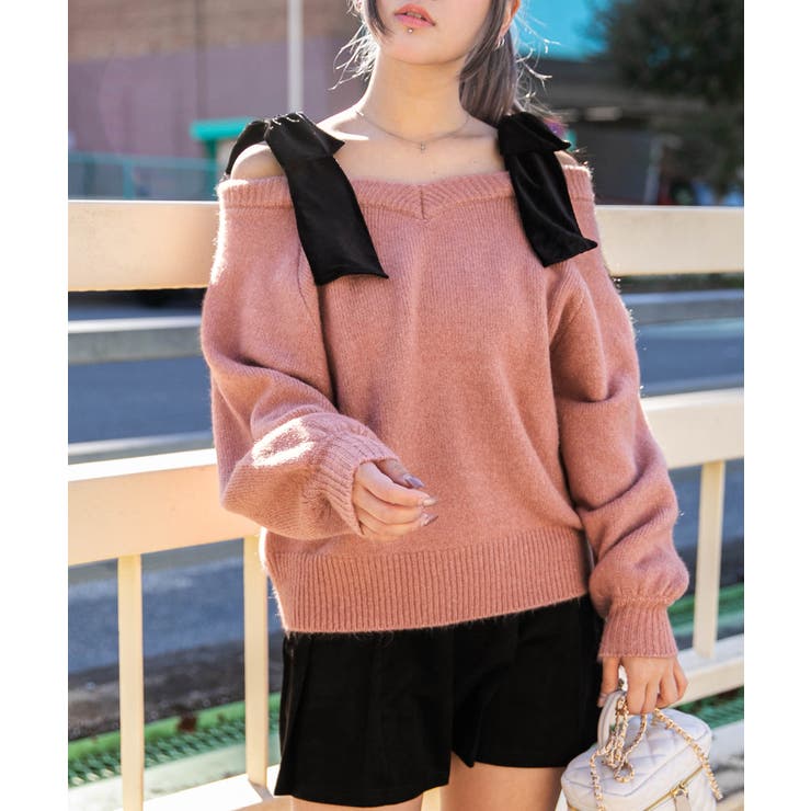 ピンク | 《ベロアリボン×ふわモコ柔らか》ワイドネックニットトップス 冬◎ | GORGE 