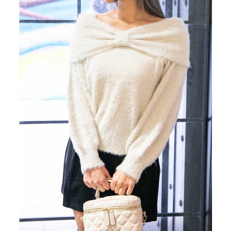 アイボリー | 《ふわシャギー×ラメ混》ワイドネックリボンニットトップス 冬◎ | GORGE 