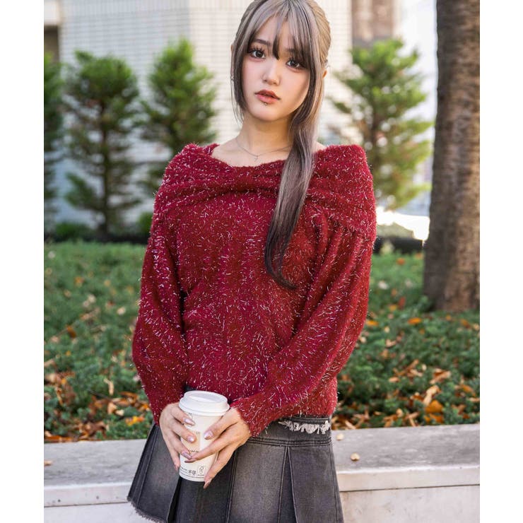 ボルドー | 《ふわシャギー×ラメ混》ワイドネックリボンニットトップス 冬◎ | GORGE 