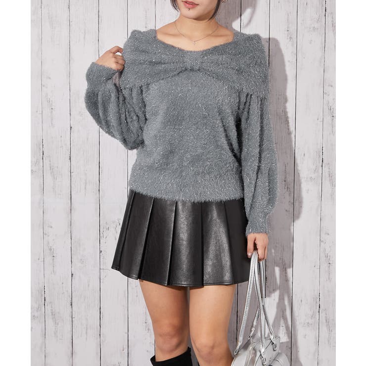 チャコール | 《ふわシャギー×ラメ混》ワイドネックリボンニットトップス 冬◎ | GORGE 