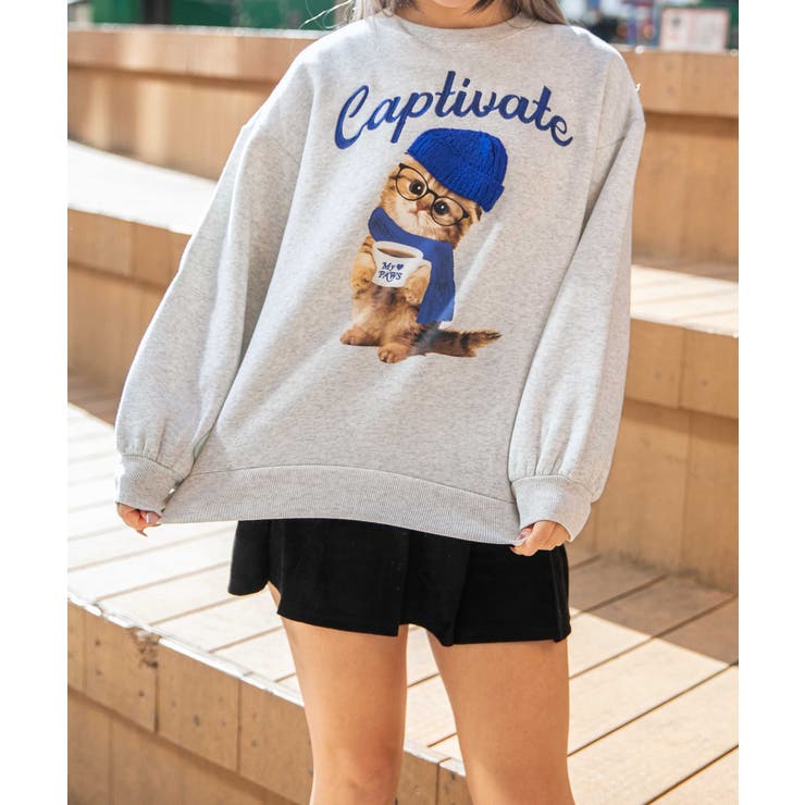 キャットプリント×ロゴ刺繍》裏起毛スウェット 秋冬◎[品番