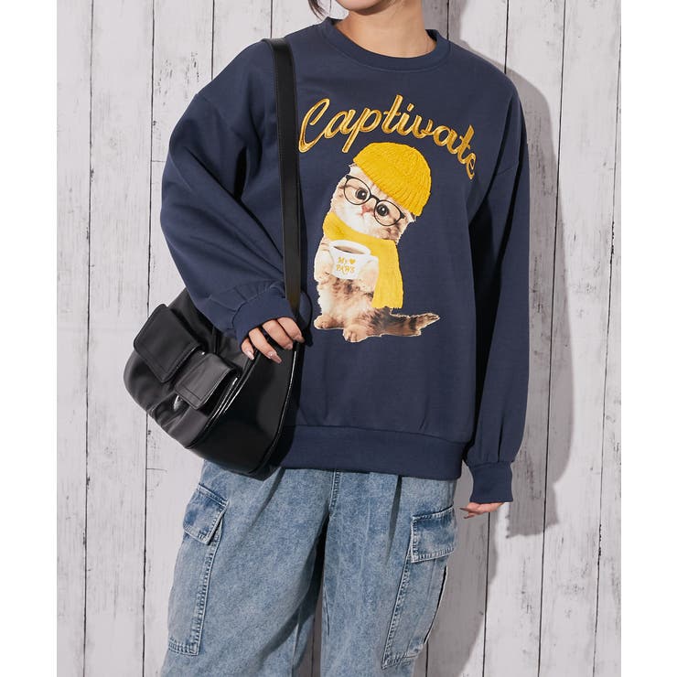 キャットプリント×ロゴ刺繍》裏起毛スウェット 秋冬◎[品番