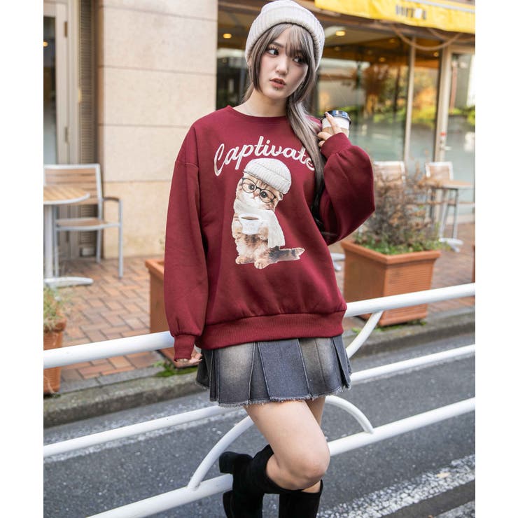 キャットプリント×ロゴ刺繍》裏起毛スウェット 秋冬◎[品番