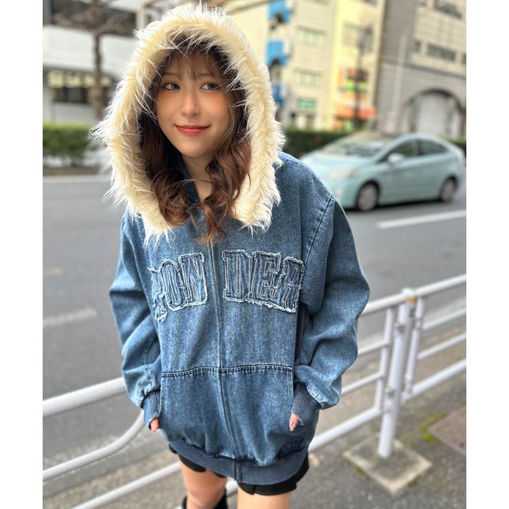 美品  ファジー フルジップ フーデッド ジャケット L モヘア 24AW 渡辺美奈代 | ふんわり柔らかなフェイクファーを使用したデニム