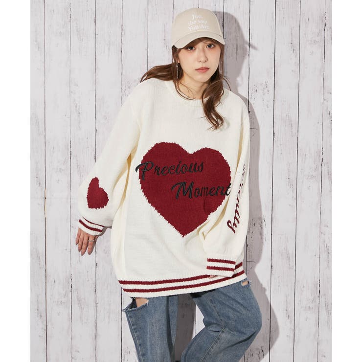 アイボリー | 《ハートジャガード×英字ロゴ》ゆるだぼ可愛い◎オーバーサイズニットプルオーバー | GORGE 
