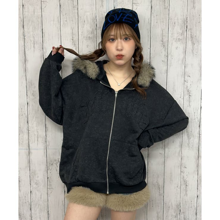 裏毛素材×ファーフード取外し可》ヴィンテージ風ZIPパーカー／秋冬
