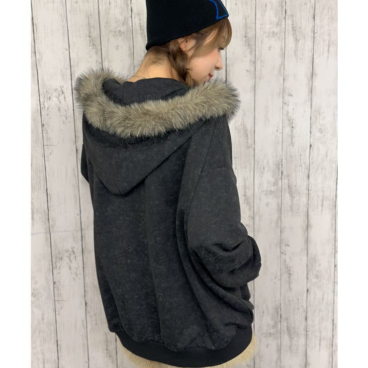 裏毛素材×ファーフード取外し可》ヴィンテージ風ZIPパーカー／秋冬