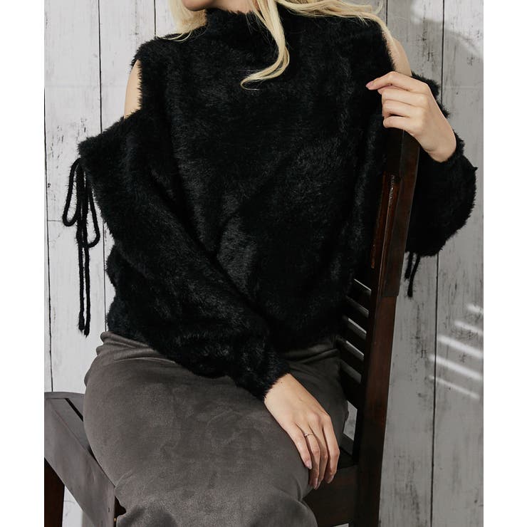 ブラック | 《肩あき×フェザーニット》レディース 長袖トップス ふわもこ フェミニン 秋冬 | GORGE 