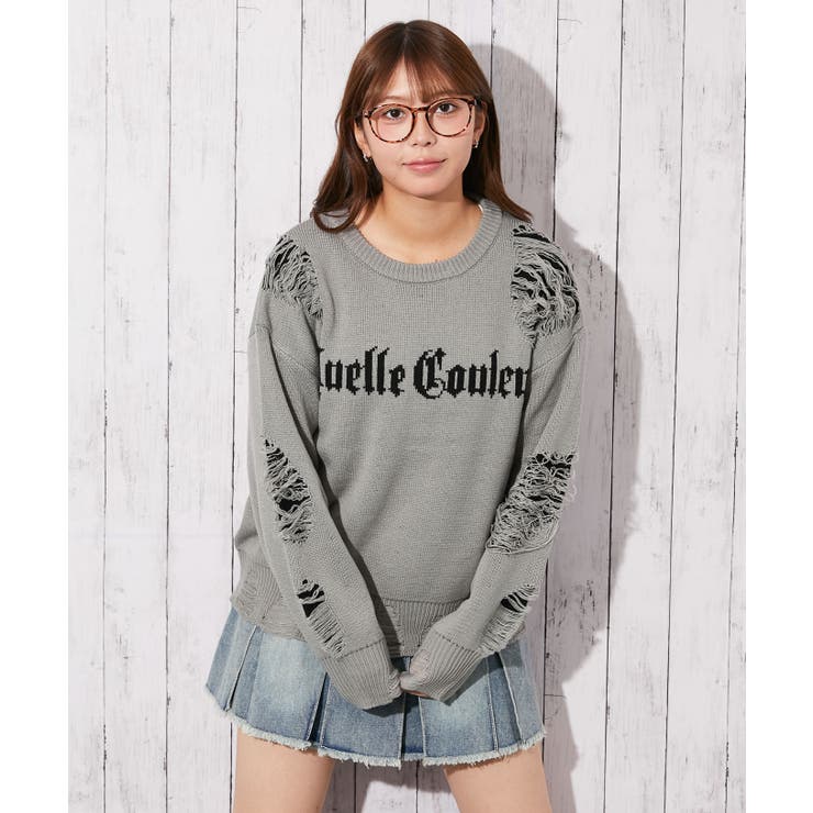 グレー | 《ダメージ×ロゴ映え》レディース ニットトップス デザインカット 秋冬 | GORGE 