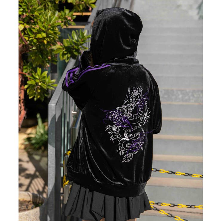 パープル | 《ベロア×ドラゴン刺繍》サイドラインジップパーカー | GORGE 