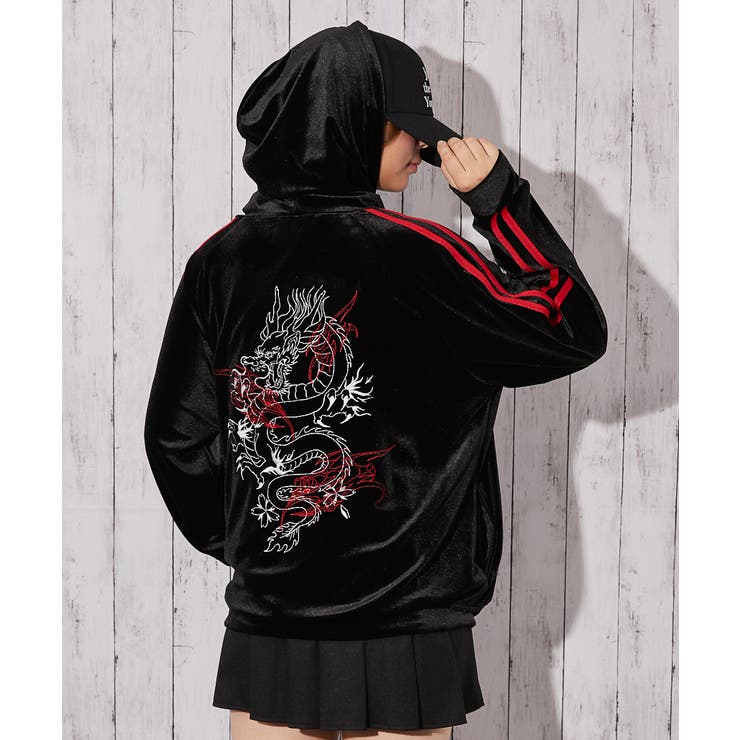 レッド | 《ベロア×ドラゴン刺繍》サイドラインジップパーカー | GORGE 