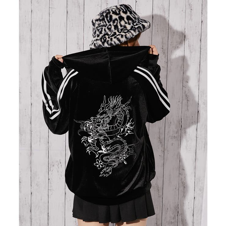 オフホワイト | 《ベロア×ドラゴン刺繍》サイドラインジップパーカー | GORGE 