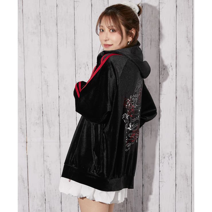 ベロア×ドラゴン刺繍》サイドラインジップパーカー[品番：GORW0010661