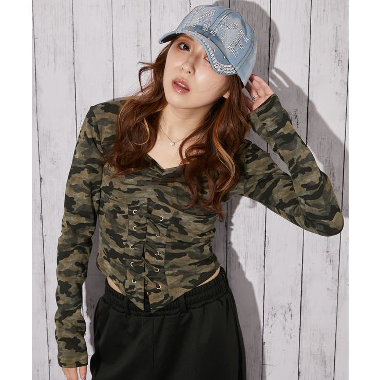 グリーン | 《編み上げ×迷彩柄》レースアップトップス／秋冬春 | GORGE 