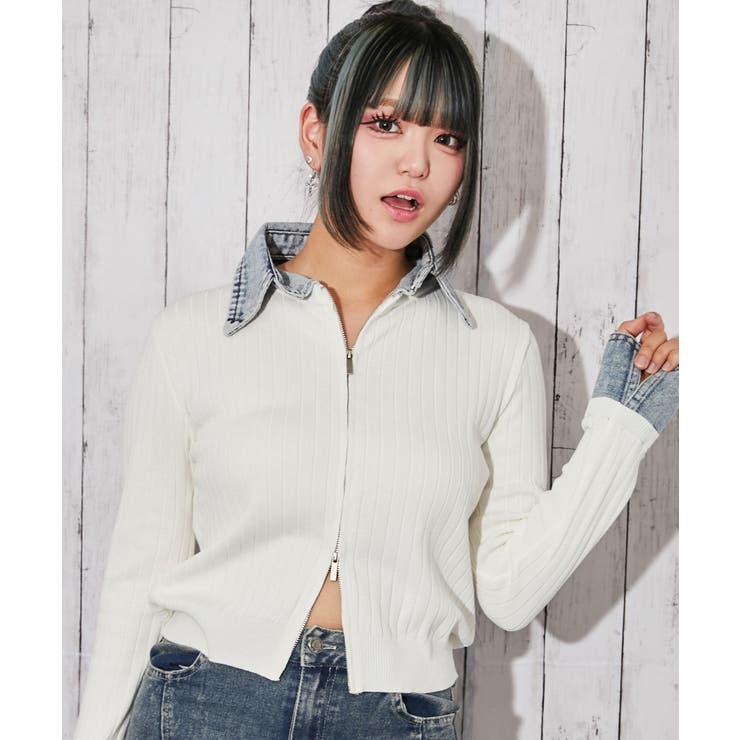 オフホワイト | 《デニム衿・Ｗジップ》リブニット／フェミニン／春秋冬／全４色 | GORGE 