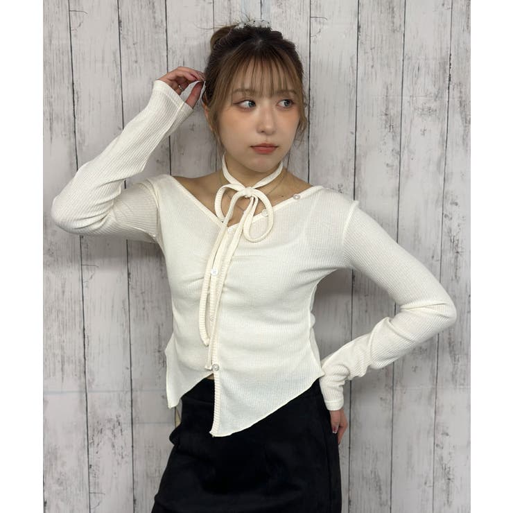 チョーカー付き×リブ素材》ショート丈デザインカットソー／秋冬春[品番