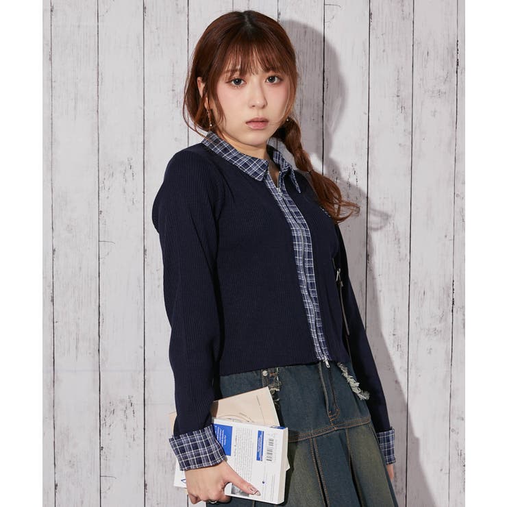 ネイビー | 《襟付きチェック切り替え×ダブルジップ》ニットカーディガン／秋冬春 | GORGE 