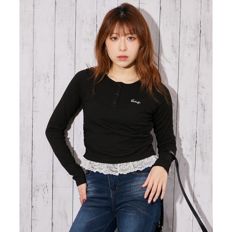 ブラック | 《ヘンリーネック×裾レース切り替え》リブカットソー／秋冬春／全３色 | GORGE 