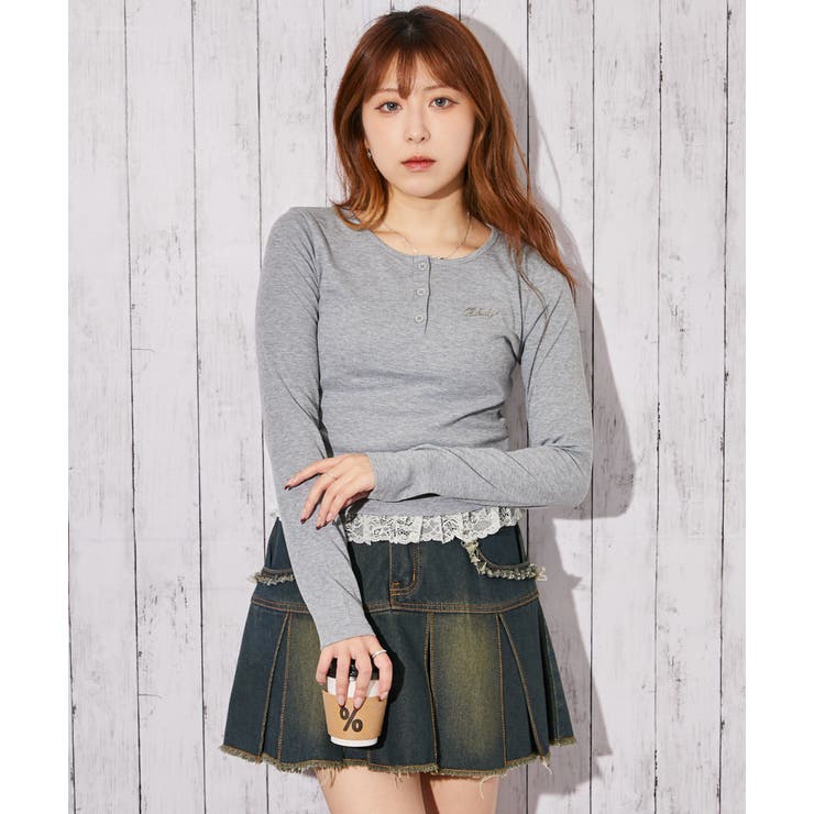 グレー | 《ヘンリーネック×裾レース切り替え》リブカットソー／秋冬春／全３色 | GORGE 