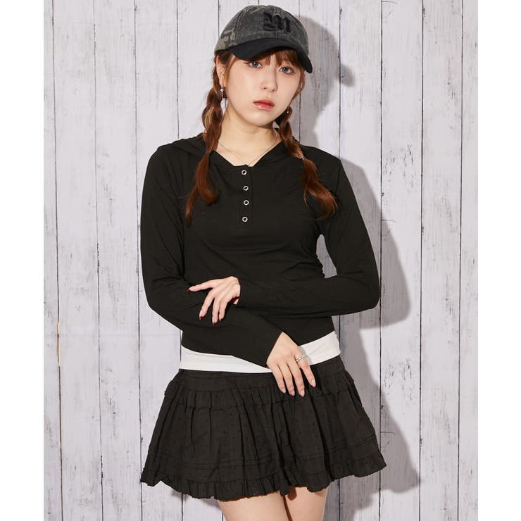 ブラック | 《ヘンリーネック×フード付き》レイヤードカットソー／春秋／全３色 | GORGE 