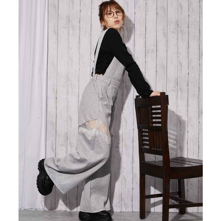 裏毛素材×レース切替》ワイドサロペット パンツ オールインワン 春