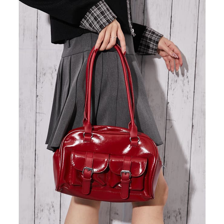 レッド | 《エナメル調×ツヤ素材》ポケット付きスクエアミニハンドバッグ | GORGE 