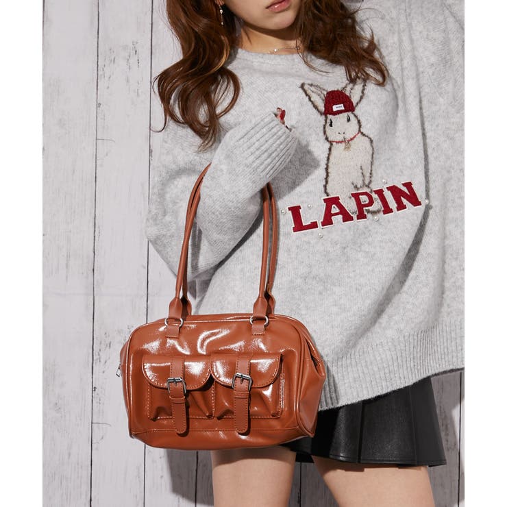 キャメル | 《エナメル調×ツヤ素材》ポケット付きスクエアミニハンドバッグ | GORGE 