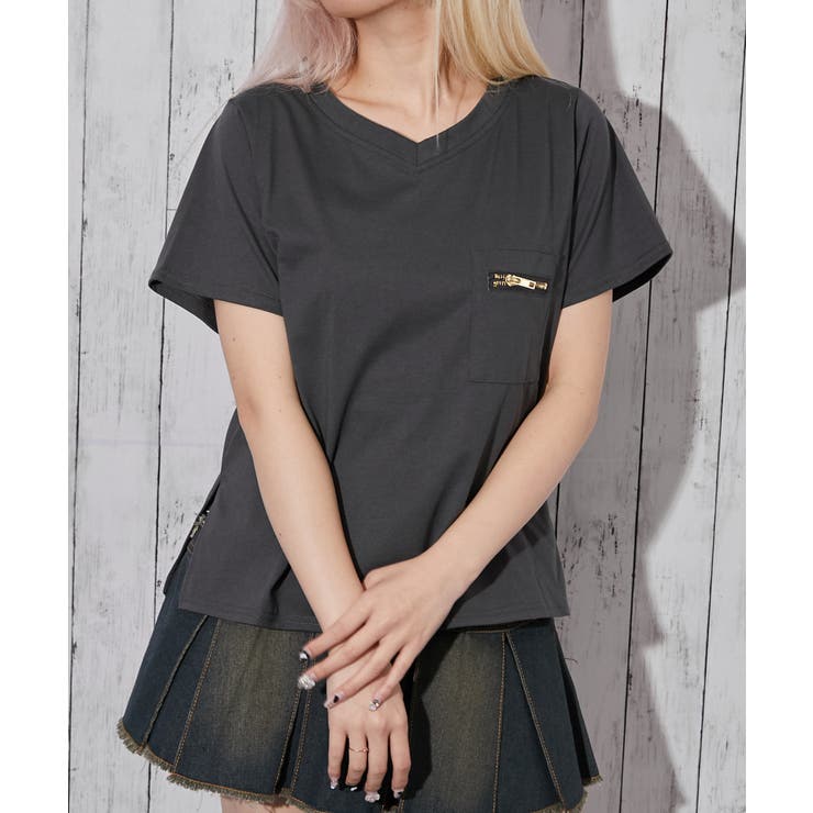 チャコール | 《ＺＩＰポケット・Ｖネック》Ｔシャツ／カジュアル×ストリート／春夏／全３色 | GORGE 