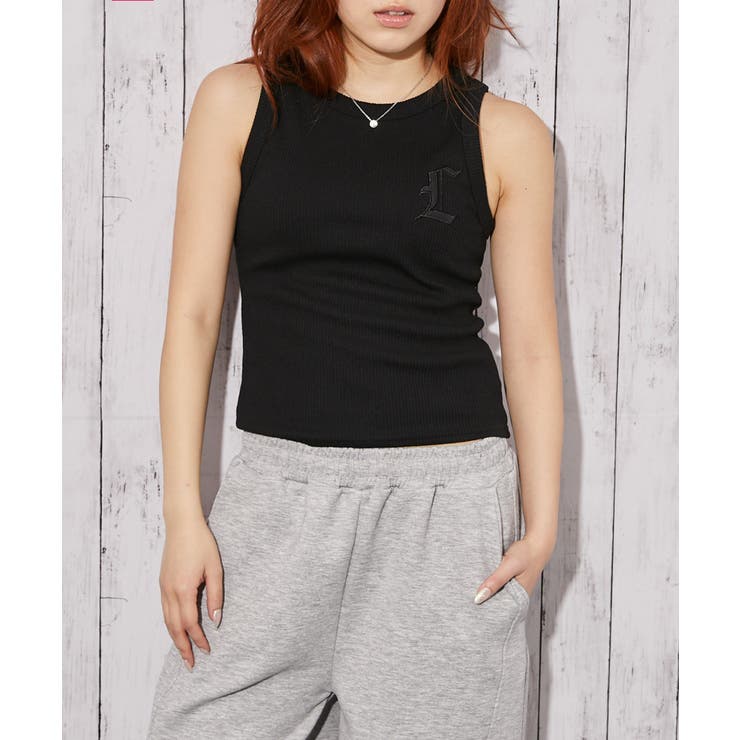 ブラック | 《合皮ロゴ刺繍×リブ素材》ノースリーブトップス タンク オールシーズン◎ | GORGE 