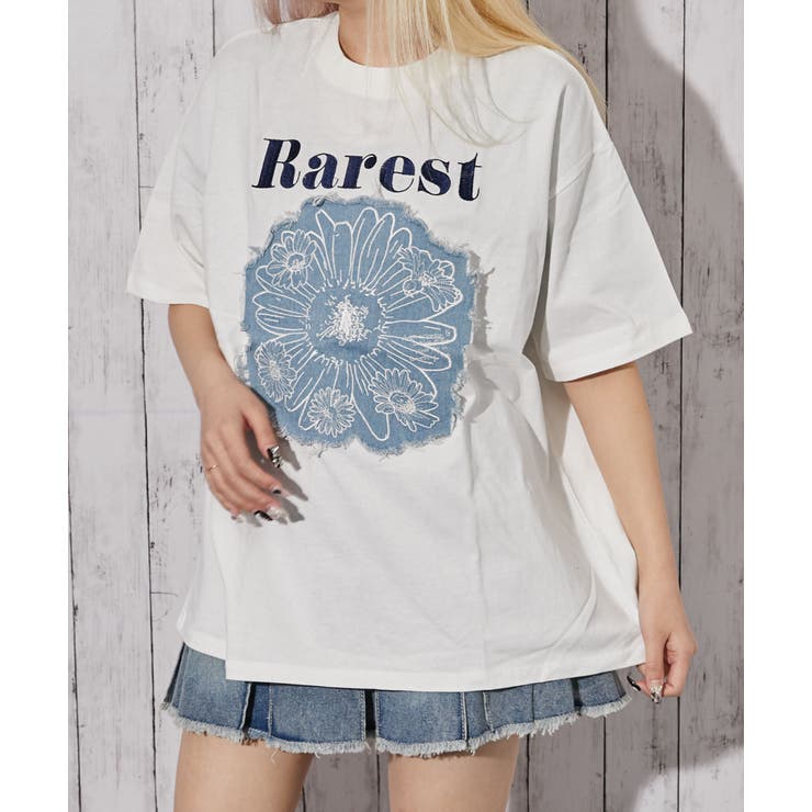 デニム貼り付け 花モチーフ》Tシャツ／カジュアル×ストリート／春夏
