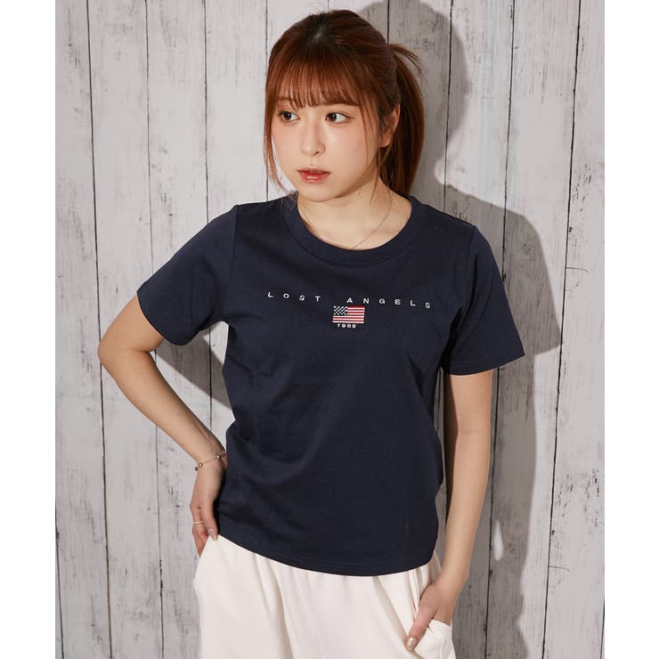 ネイビー | 《ＵＳＡ国旗刺繍×カレッジロゴ》Ｔシャツ／ストリート／春夏秋／全３色 | GORGE 