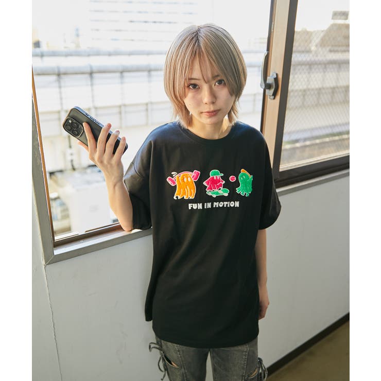 ブラック | 《おばけ×サガラ刺繍》ＢＩＧＴシャツ／ストリート／春夏／全２色 | GORGE 