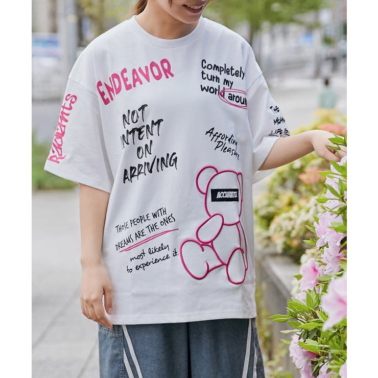 45R インドカラミレースのビッグーグーシャツ 2 M 白 R刺繍 現行タグ くまビッグ刺繍×落書きロゴ》Tシャツ／ストリート／春夏／全2色[品番