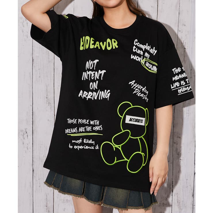 くまビッグ刺繍×落書きロゴ》Tシャツ／ストリート／春夏／全2色[品番