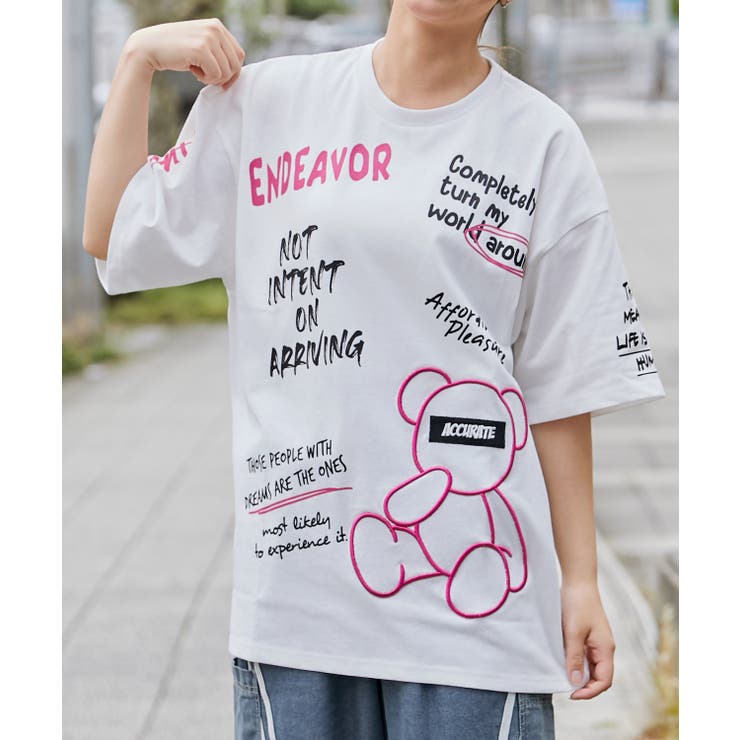 くまビッグ刺繍×落書きロゴ》Tシャツ／ストリート／春夏／全2色[品番