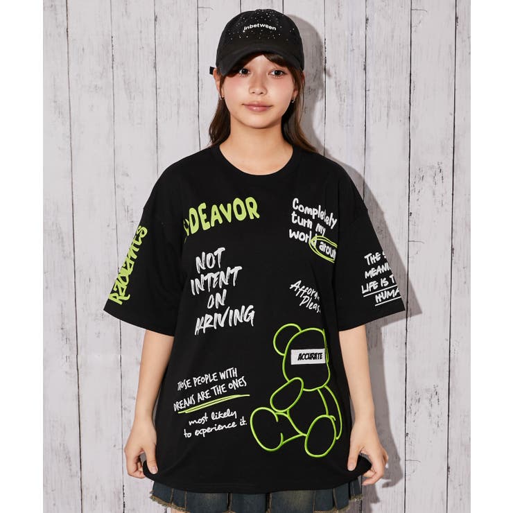 くまビッグ刺繍×落書きロゴ》Tシャツ／ストリート／春夏／全2色[品番