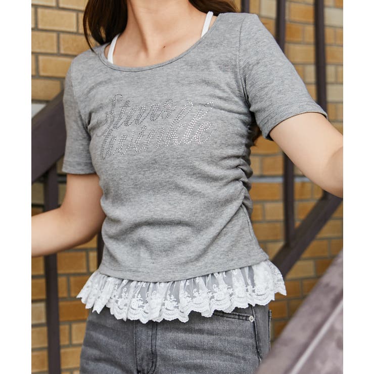 グレー | 《ラインストーンロゴ×レースレイヤード》カットソー フェミニン×Ｙ２Ｋ 春夏秋 | GORGE 